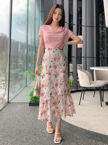 DAZY Women's Floral Print Ruffle Hem Midi Skirt