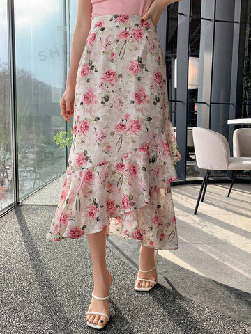 DAZY Women's Floral Print Ruffle Hem Midi Skirt