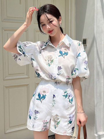 DAZY Women's Floral Print Short Bubble Sleeve Shirt And Shorts Casual 2pcs Outfits For Summer