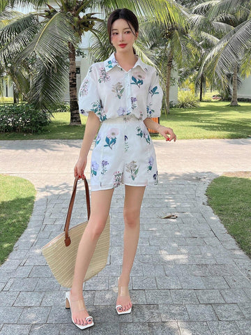 DAZY Women's Floral Print Short Bubble Sleeve Shirt And Shorts Casual 2pcs Outfits For Summer