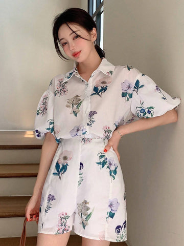 DAZY Women's Floral Print Short Bubble Sleeve Shirt And Shorts Casual 2pcs Outfits For Summer