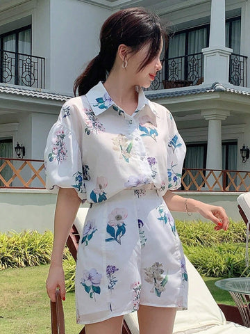 DAZY Women's Floral Print Short Bubble Sleeve Shirt And Shorts Casual 2pcs Outfits For Summer