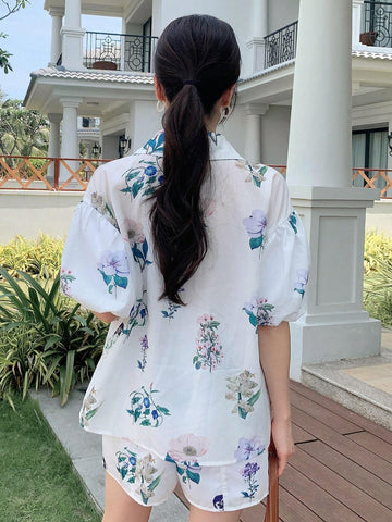 DAZY Women's Floral Print Short Bubble Sleeve Shirt And Shorts Casual 2pcs Outfits For Summer