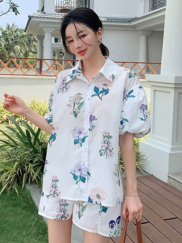 DAZY Women's Floral Print Short Bubble Sleeve Shirt And Shorts Casual 2pcs Outfits For Summer