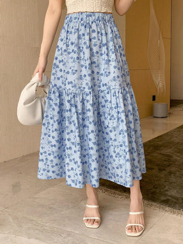 DAZY Women's Floral Print Skirt With Lotus Leaf Hem