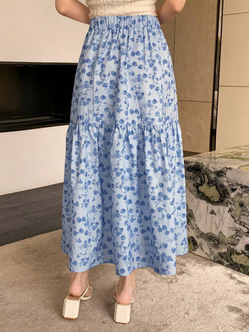 DAZY Women's Floral Print Skirt With Lotus Leaf Hem