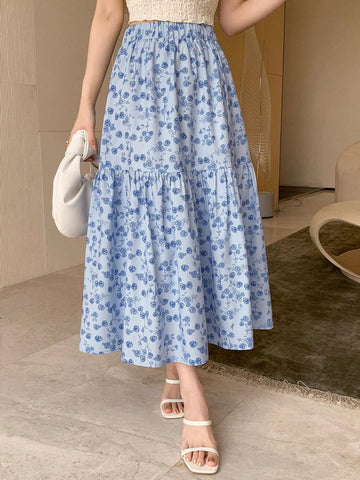 DAZY Women's Floral Print Skirt With Lotus Leaf Hem