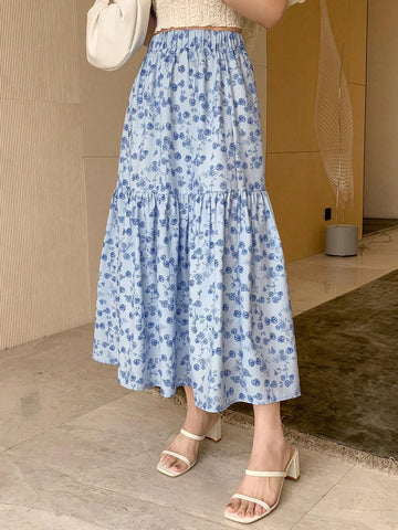 DAZY Women's Floral Print Skirt With Lotus Leaf Hem