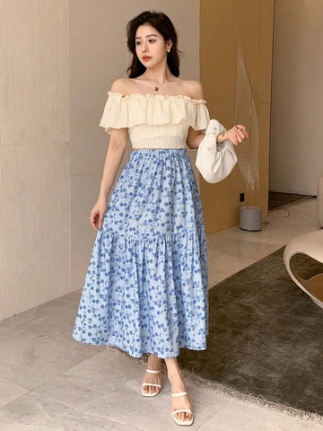 DAZY Women's Floral Print Skirt With Lotus Leaf Hem