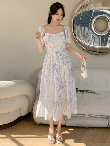DAZY Women's Floral Print Sweetheart Neck Short Puff Sleeve Bubble Dress