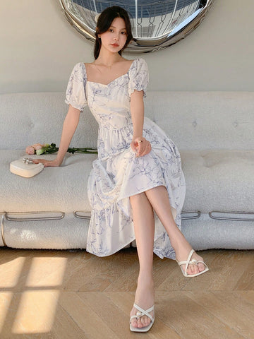 DAZY Women's Floral Print Sweetheart Neck Short Puff Sleeve Bubble Dress