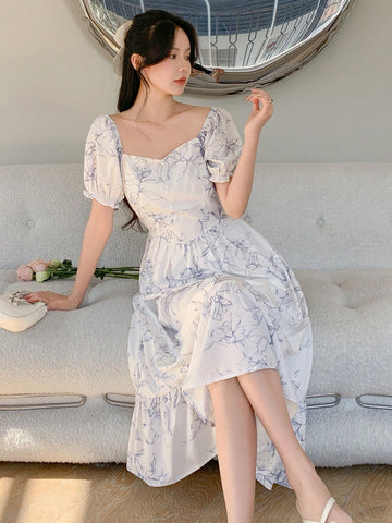 DAZY Women's Floral Print Sweetheart Neck Short Puff Sleeve Bubble Dress
