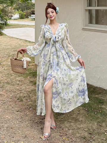 DAZY Women's Floral Print Tie-Up Midi Dress