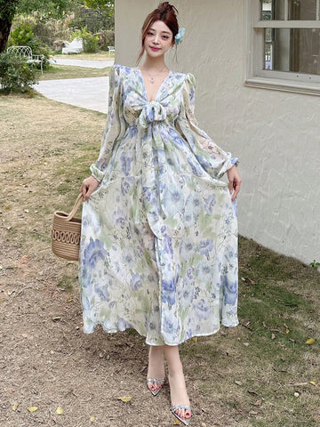 DAZY Women's Floral Print Tie-Up Midi Dress