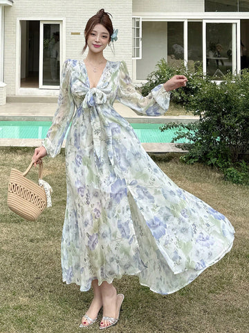 DAZY Women's Floral Print Tie-Up Midi Dress