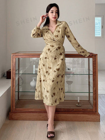 DAZY Women's Floral Print Turn-Down Collar Long Sleeve Dress