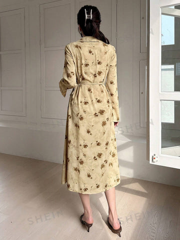 DAZY Women's Floral Print Turn-Down Collar Long Sleeve Dress