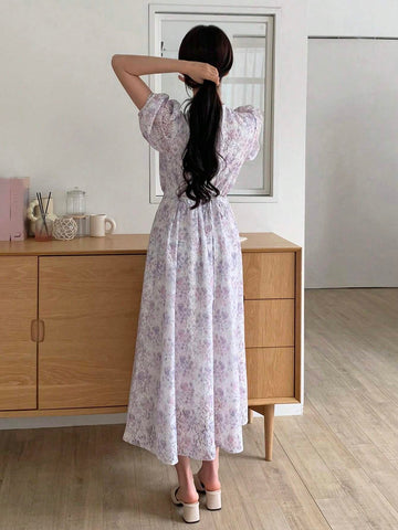 DAZY Women's Floral Print V-Neck Elegant Short Sleeve Midi Dress