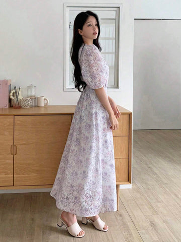 DAZY Women's Floral Print V-Neck Elegant Short Sleeve Midi Dress