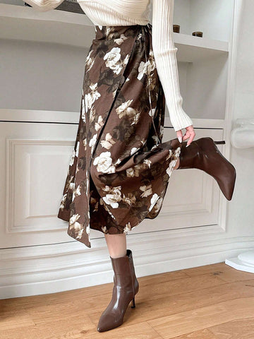 DAZY Women's Floral Print Wrap Lace-Up Skirt