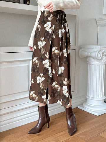 DAZY Women's Floral Print Wrap Lace-Up Skirt