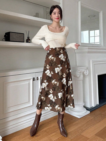 DAZY Women's Floral Print Wrap Lace-Up Skirt