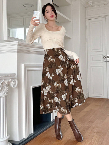 DAZY Women's Floral Print Wrap Lace-Up Skirt