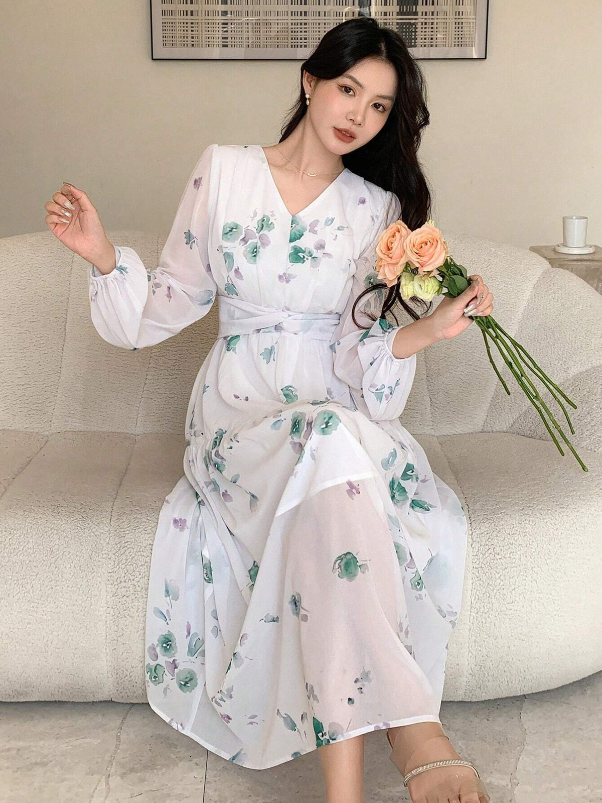 DAZY Women's Floral Printed Lantern Sleeve Dress