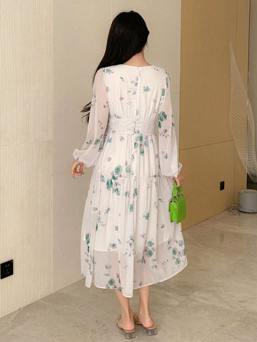 DAZY Women's Floral Printed Lantern Sleeve Dress