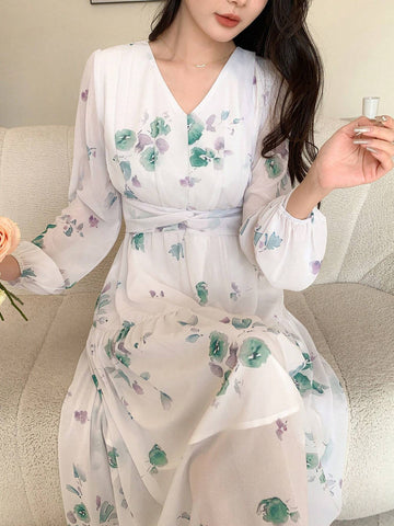 DAZY Women's Floral Printed Lantern Sleeve Dress