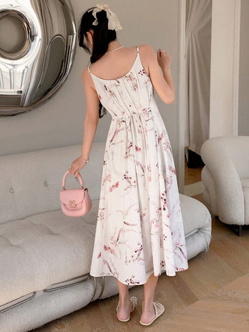DAZY Women's Floral Printed Pleated Cami Dress, Suitable For Summer