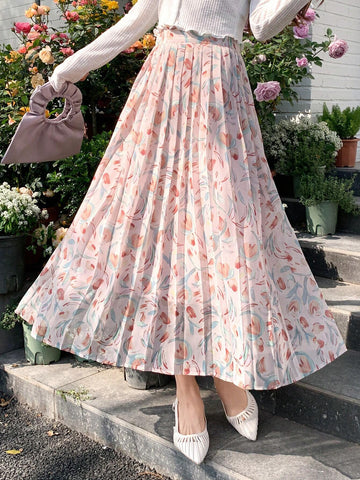 DAZY Women's Floral Printed Pleated Skirt