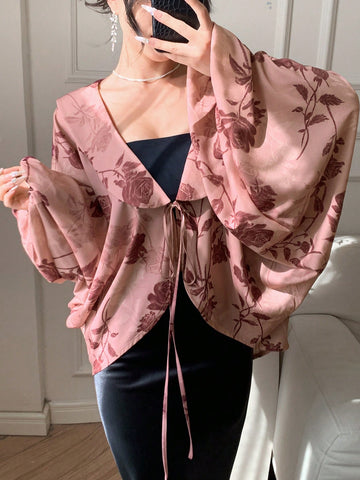 DAZY Women's Floral Rose Print V-Neck Ruffle Trim Long Sleeve Chiffon Blouse Shirt, For Spring And Valentine's Day