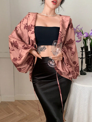 DAZY Women's Floral Rose Print V-Neck Ruffle Trim Long Sleeve Chiffon Blouse Shirt, For Spring And Valentine's Day