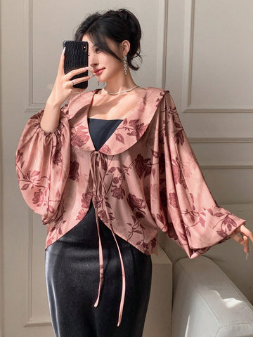 DAZY Women's Floral Rose Print V-Neck Ruffle Trim Long Sleeve Chiffon Blouse Shirt, For Spring And Valentine's Day