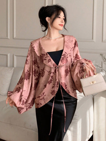 DAZY Women's Floral Rose Print V-Neck Ruffle Trim Long Sleeve Chiffon Blouse Shirt, For Spring And Valentine's Day