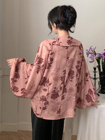 DAZY Women's Floral Rose Print V-Neck Ruffle Trim Long Sleeve Chiffon Blouse Shirt, For Spring And Valentine's Day