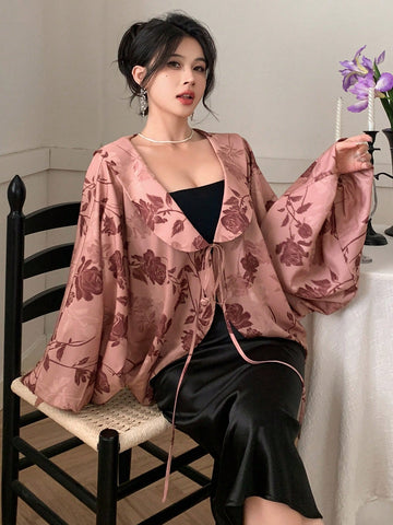 DAZY Women's Floral Rose Print V-Neck Ruffle Trim Long Sleeve Chiffon Blouse Shirt, For Spring And Valentine's Day