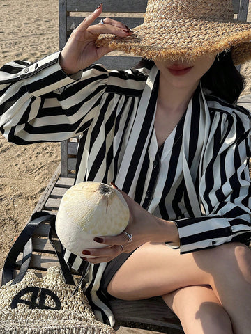 DAZY Women's Front Button Long Sleeve Casual Loose Striped Blouse With Tie