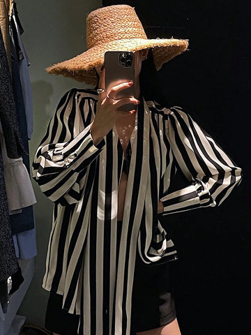 DAZY Women's Front Button Long Sleeve Casual Loose Striped Blouse With Tie