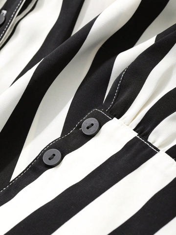 DAZY Women's Front Button Long Sleeve Casual Loose Striped Blouse With Tie