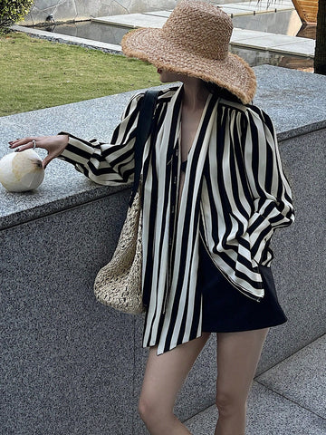 DAZY Women's Front Button Long Sleeve Casual Loose Striped Blouse With Tie