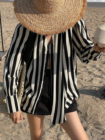 DAZY Women's Front Button Long Sleeve Casual Loose Striped Blouse With Tie