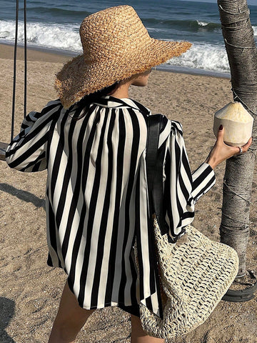 DAZY Women's Front Button Long Sleeve Casual Loose Striped Blouse With Tie