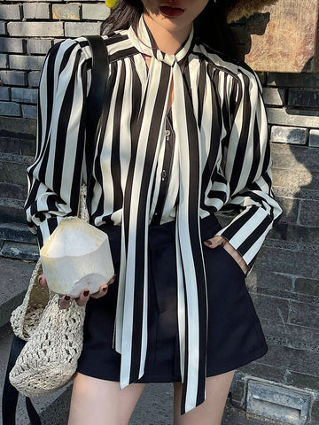 DAZY Women's Front Button Long Sleeve Casual Loose Striped Blouse With Tie