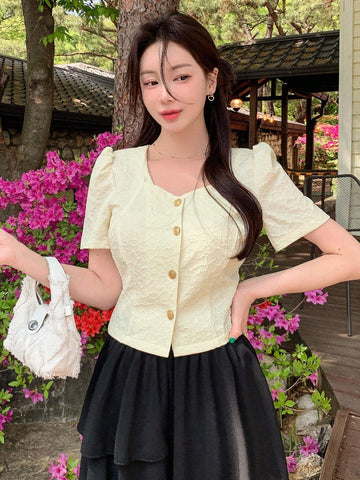 DAZY Women's Front Button Square Neck Plain Short Sleeve Elegant Shirt