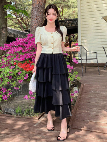 DAZY Women's Front Button Square Neck Plain Short Sleeve Elegant Shirt