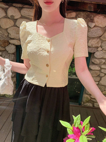 DAZY Women's Front Button Square Neck Plain Short Sleeve Elegant Shirt