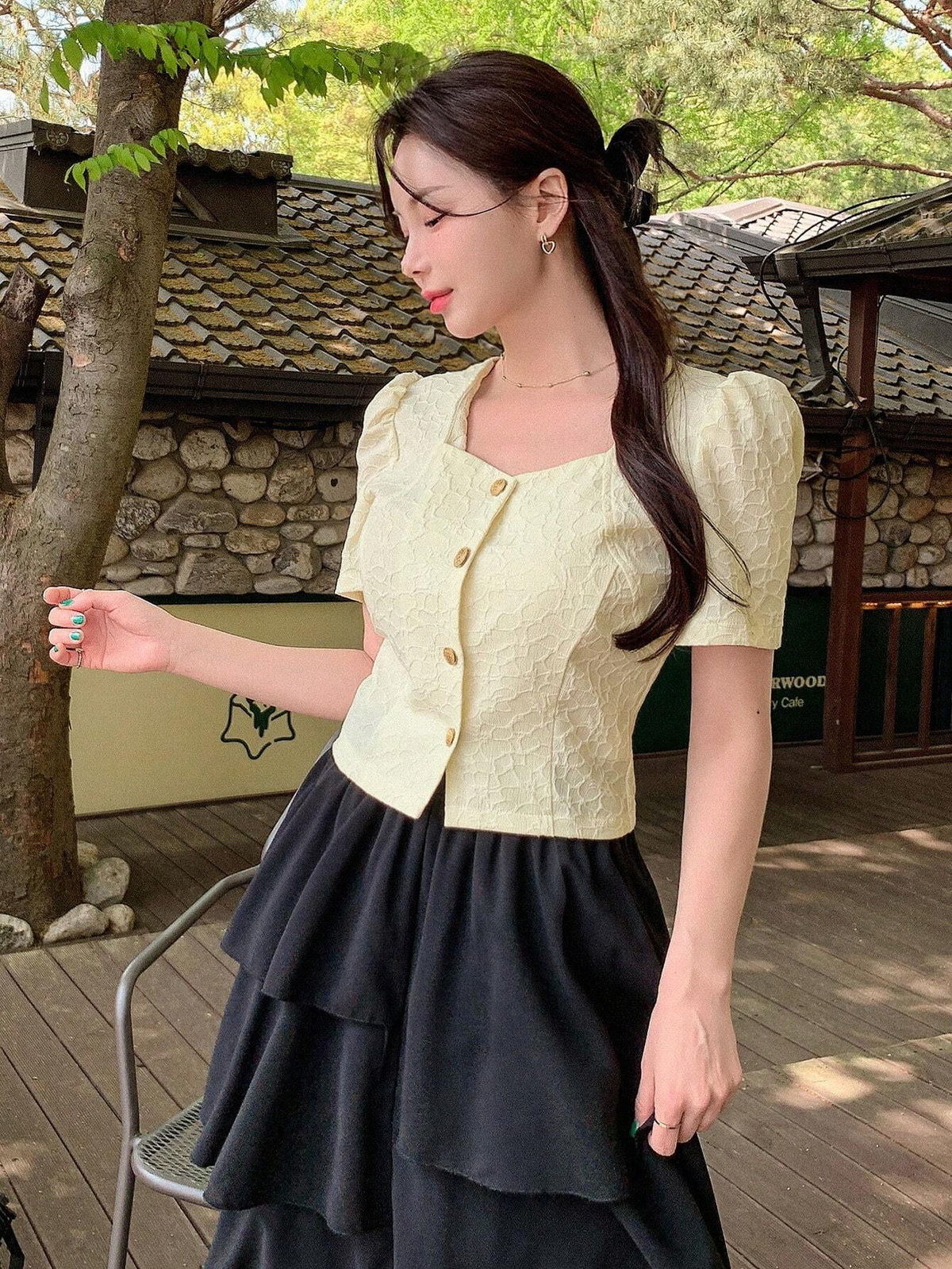 DAZY Women's Front Button Square Neck Plain Short Sleeve Elegant Shirt