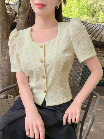 DAZY Women's Front Button Square Neck Plain Short Sleeve Elegant Shirt